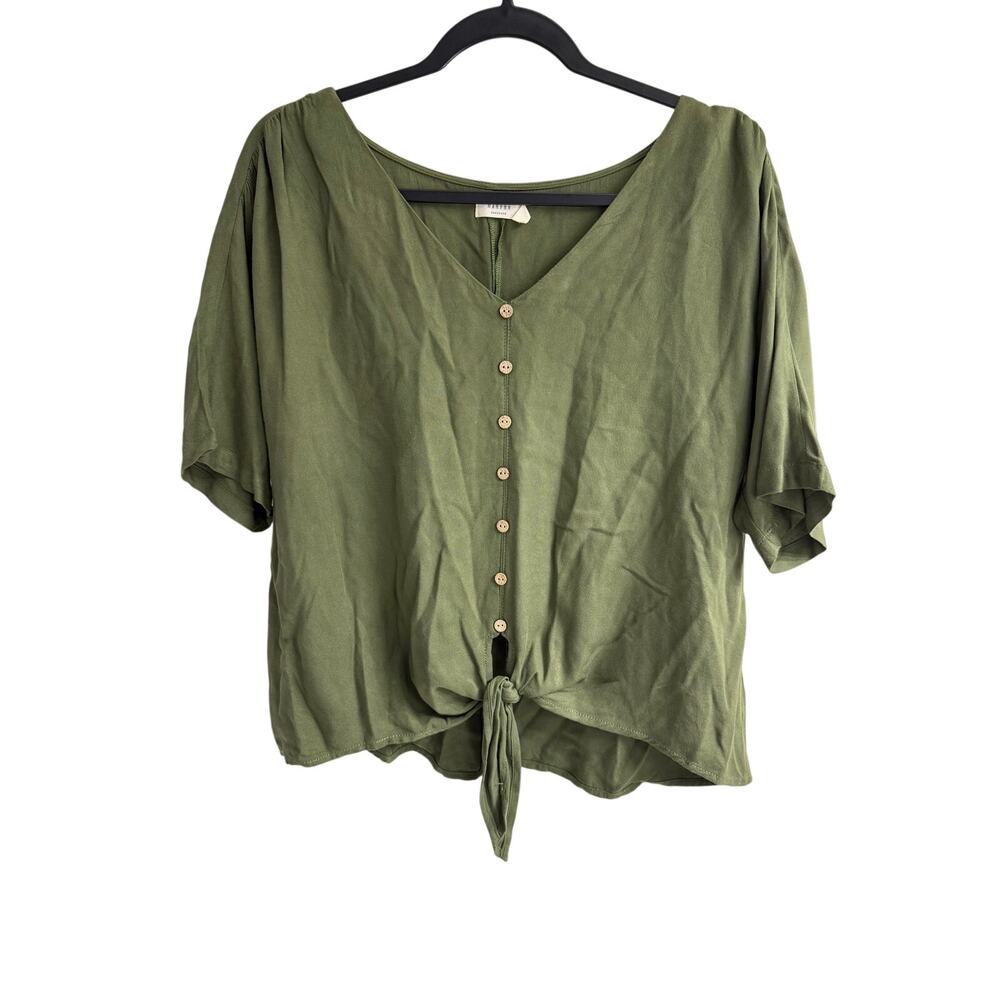 Harper Heritage Olive Green Tie Front Button Blouse Size Large Rayon